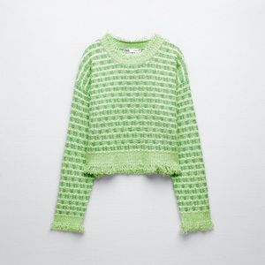 ZARA Frayed Knit Tweed Sweater Green White Stripe